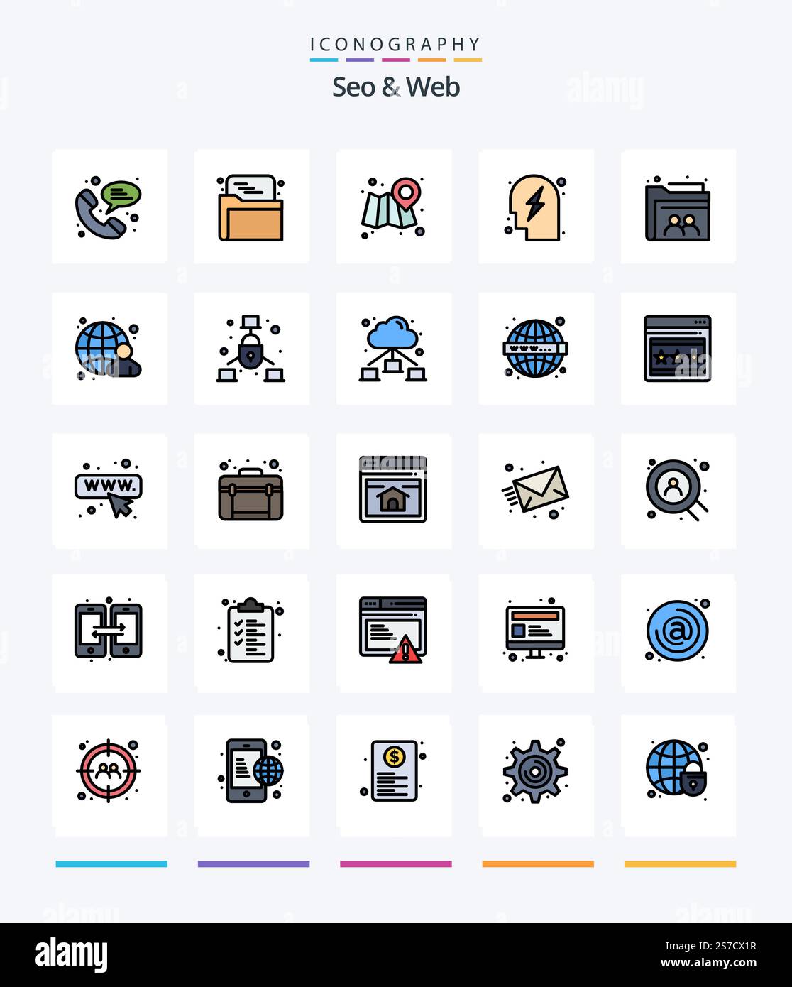 Creative Seo & Web 25 Line FIlled icon pack  Such As folder. user. location. web. strategy Stock Vector