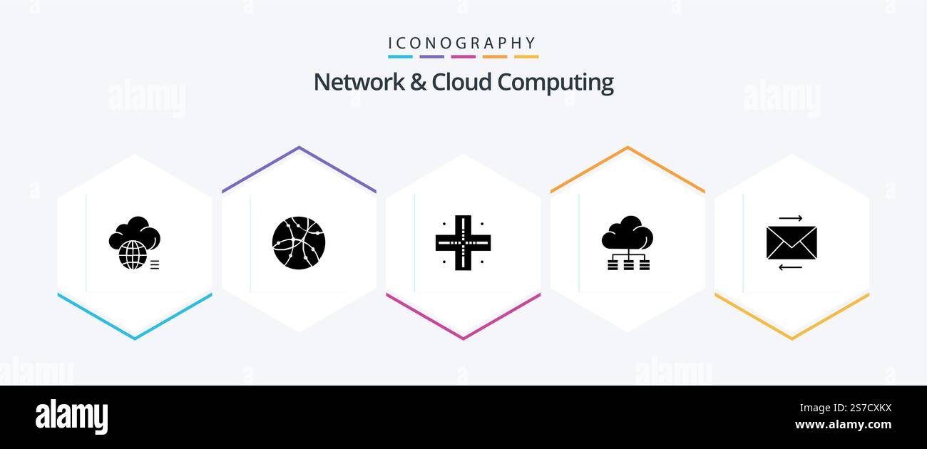 Network And Cloud Computing 25 Glyph icon pack including share. technology. technology. storage. cloud Stock Vector