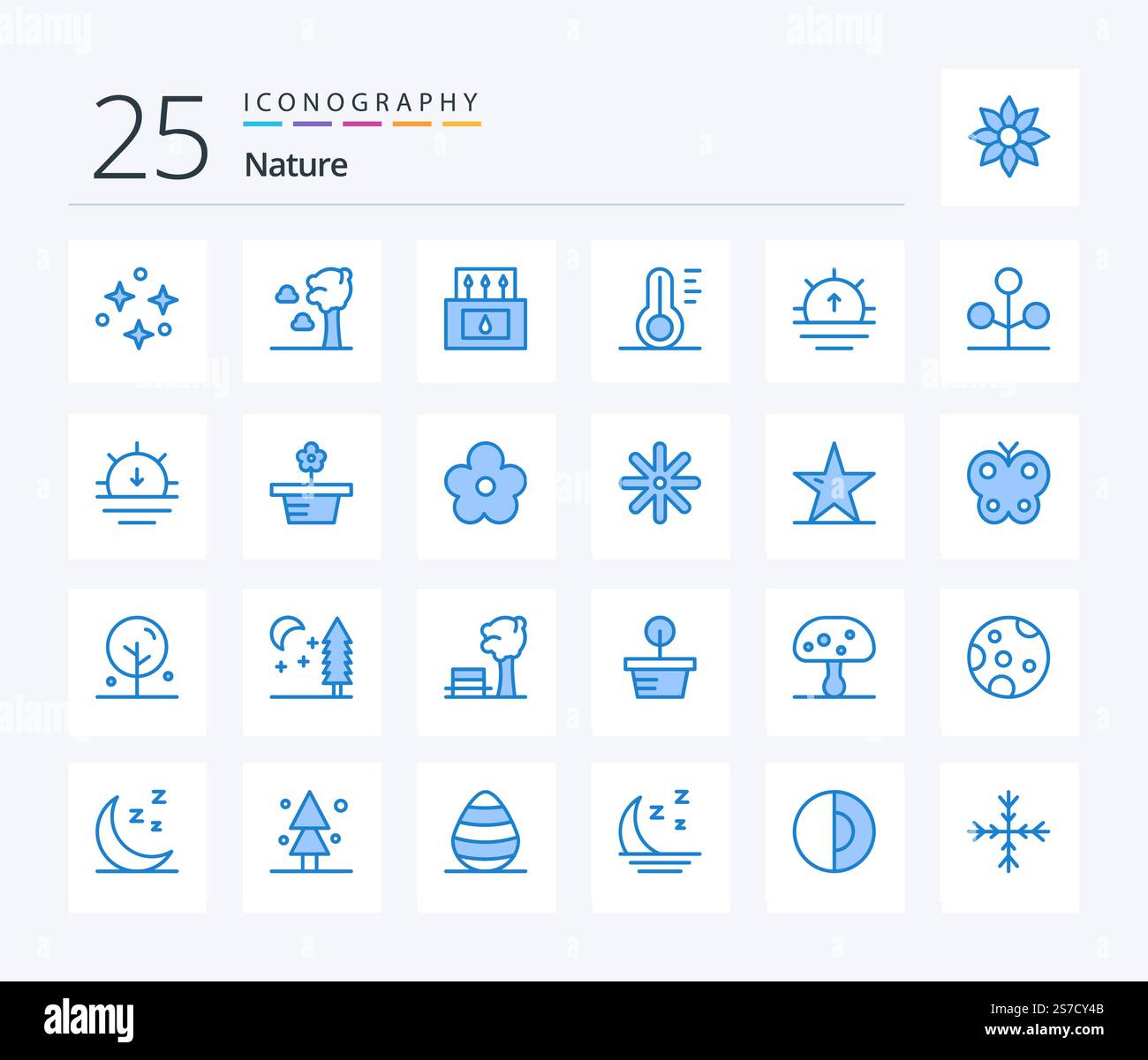 Nature 25 Blue Color icon pack including sunrise. nature. camp. weather. temperature Stock Vector