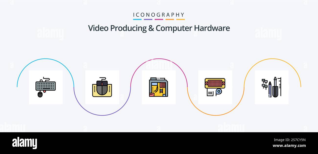 Video Producing And Computer Hardware Line Filled Flat 5 Icon Pack Including reapair. data. computer. connection. computer Stock Vector