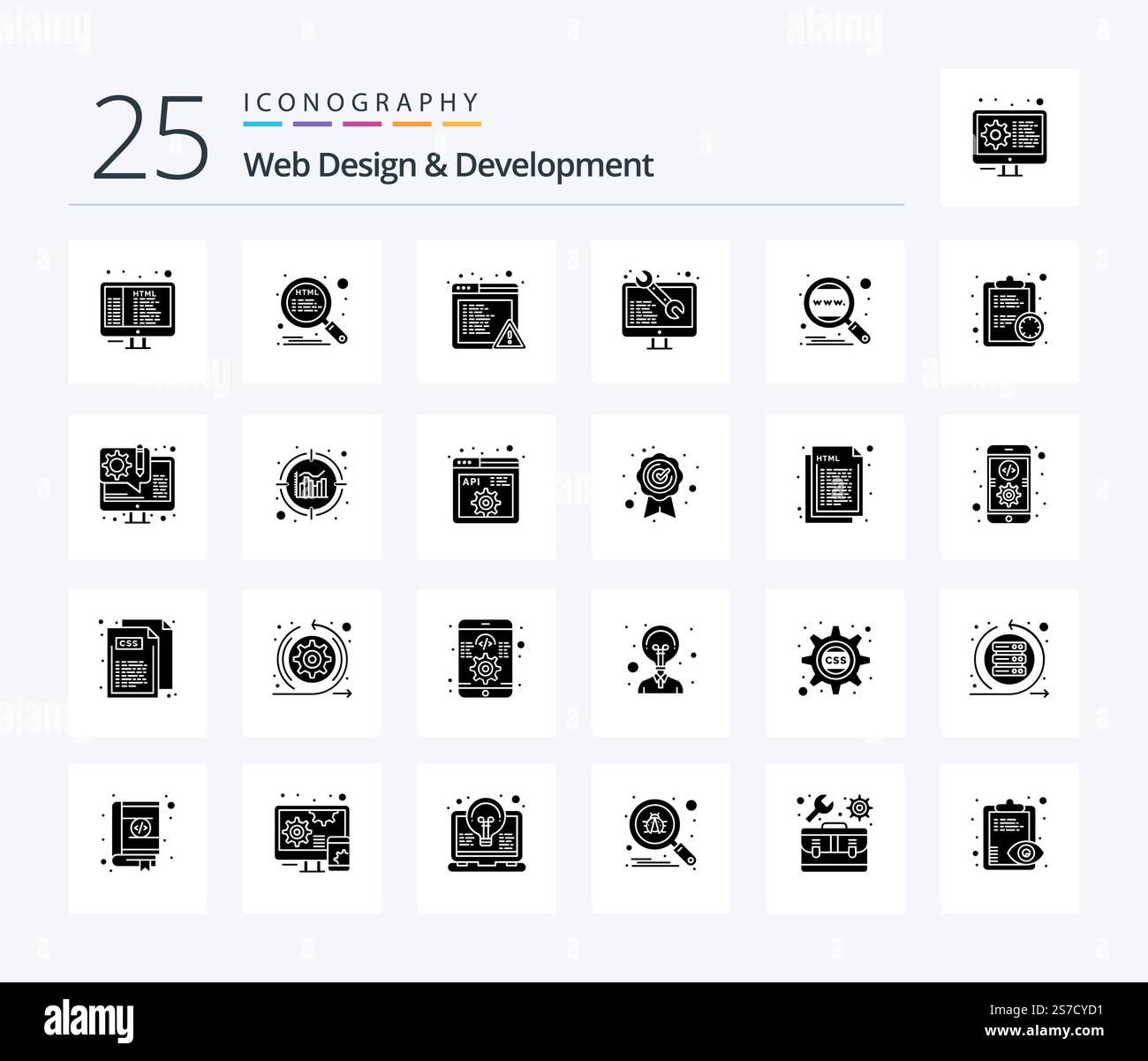 Web Design And Development 25 Solid Glyph icon pack including engine. alert. web development. software Stock Vector