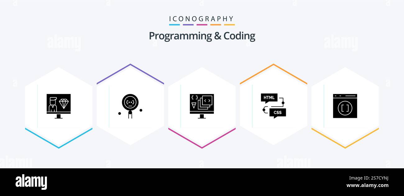 Programming And Coding 25 Glyph icon pack including development. coding. programming. programming. develop Stock Vector