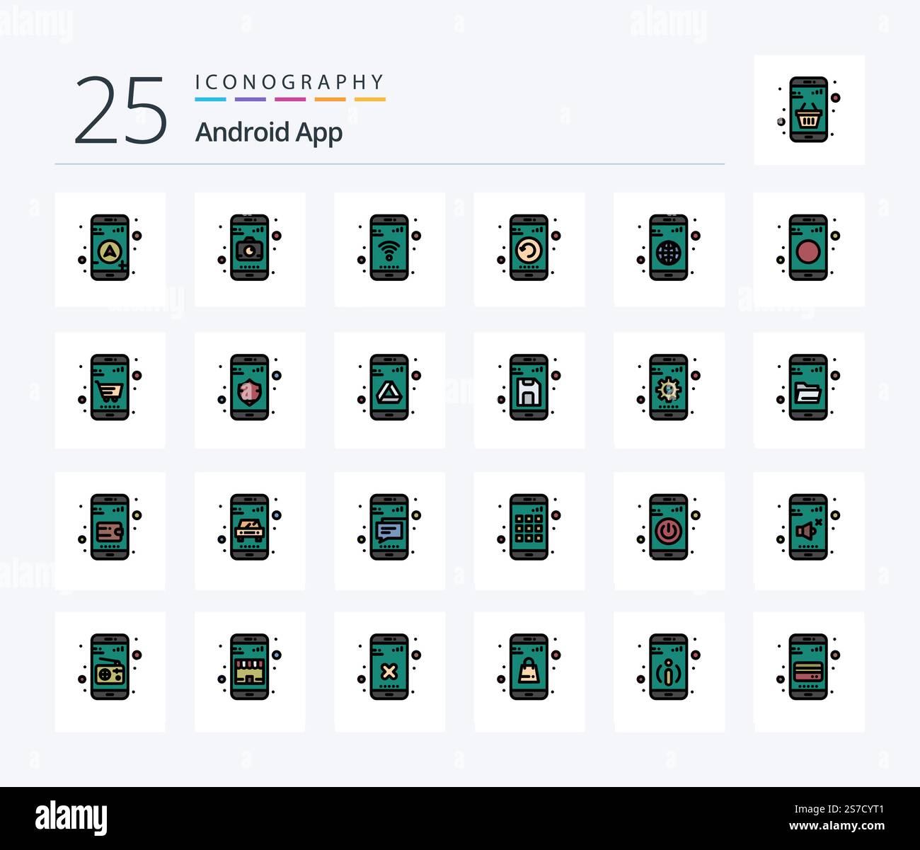 Android App 25 Line Filled icon pack including globe. app. phone. restart. mobile Stock Vector