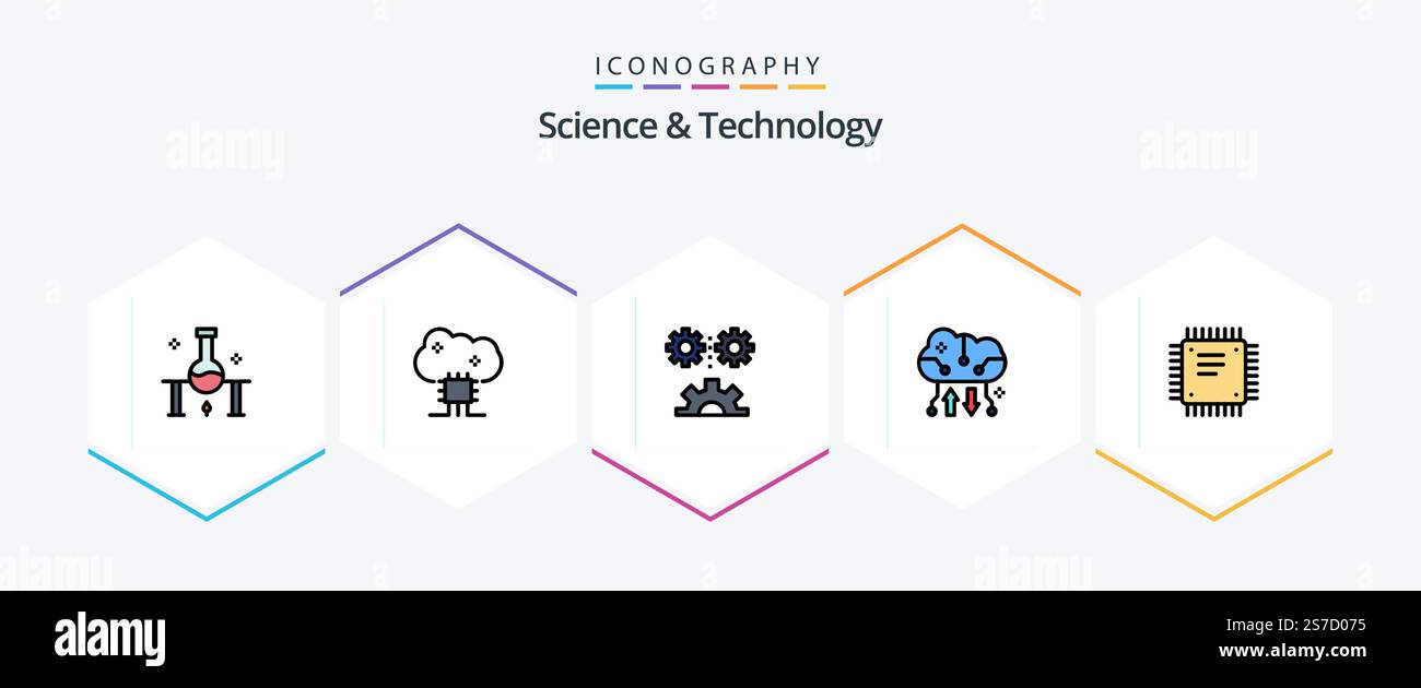 Science And Technology 25 FilledLine icon pack including cloud storage. cloud backup. cloud server. technology. engineering science Stock Vector