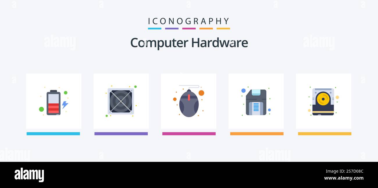 Computer Hardware Flat 5 Icon Pack Including electronic. data. mouse. computer. floppy. Creative Icons Design Stock Vector