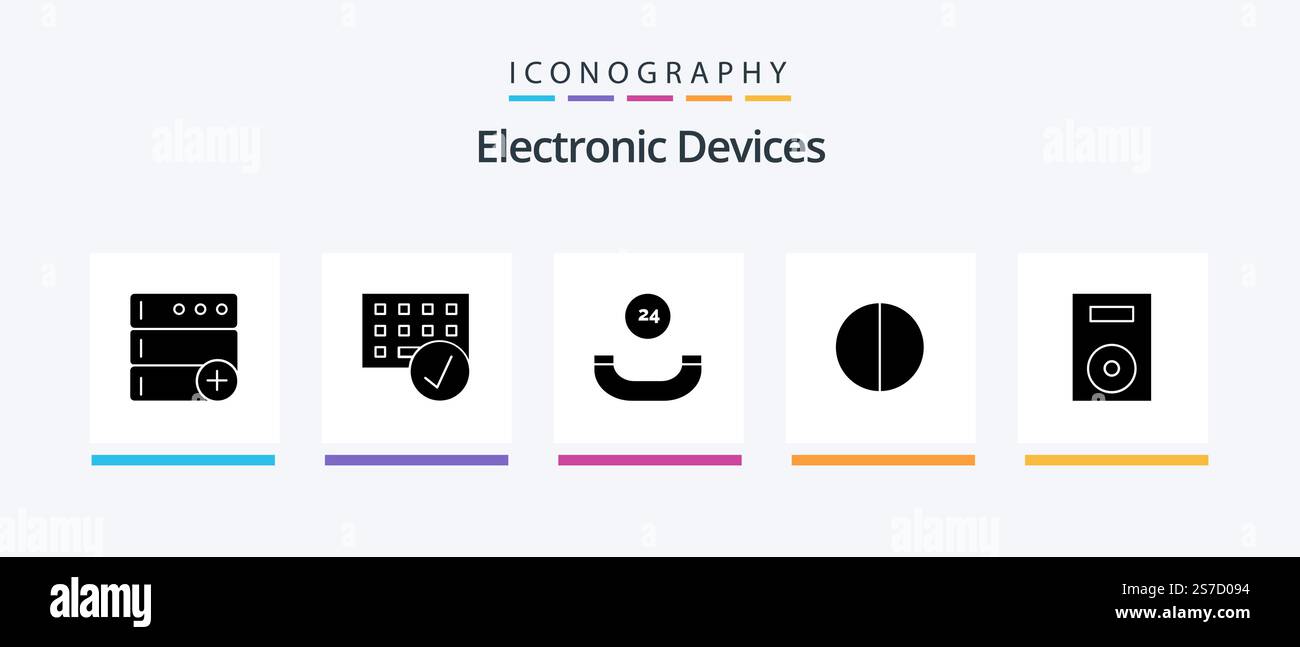 Devices Glyph 5 Icon Pack Including technology. electronics. all time. devices. digital. Creative Icons Design Stock Vector