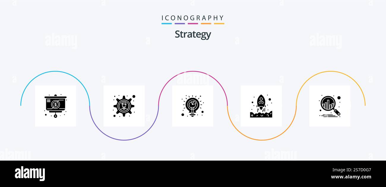 Strategy Glyph 5 Icon Pack Including analysis. business. solution. up. rocket Stock Vector