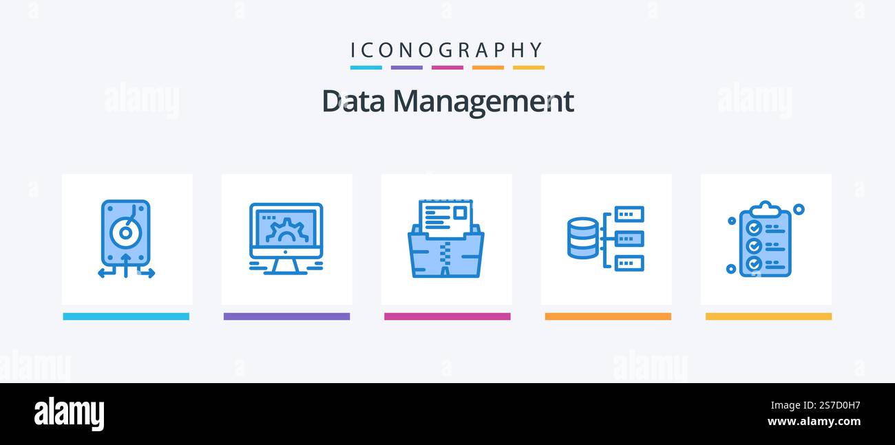 Data Management Blue 5 Icon Pack Including base. data. social market. folder. document. Creative Icons Design Stock Vector