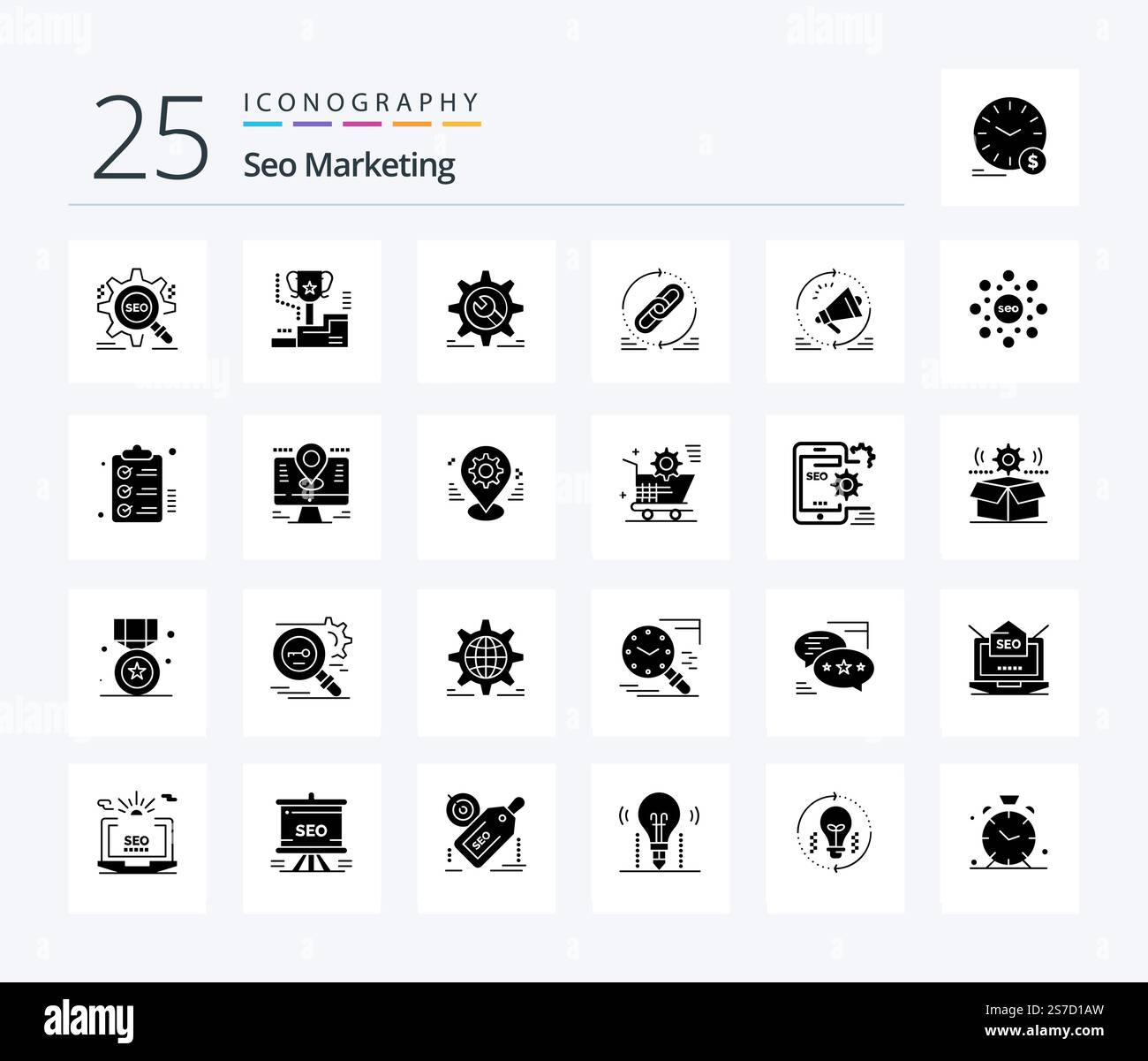Seo Marketing 25 Solid Glyph icon pack including web. link. trophy. configuration. wheel Stock Vector