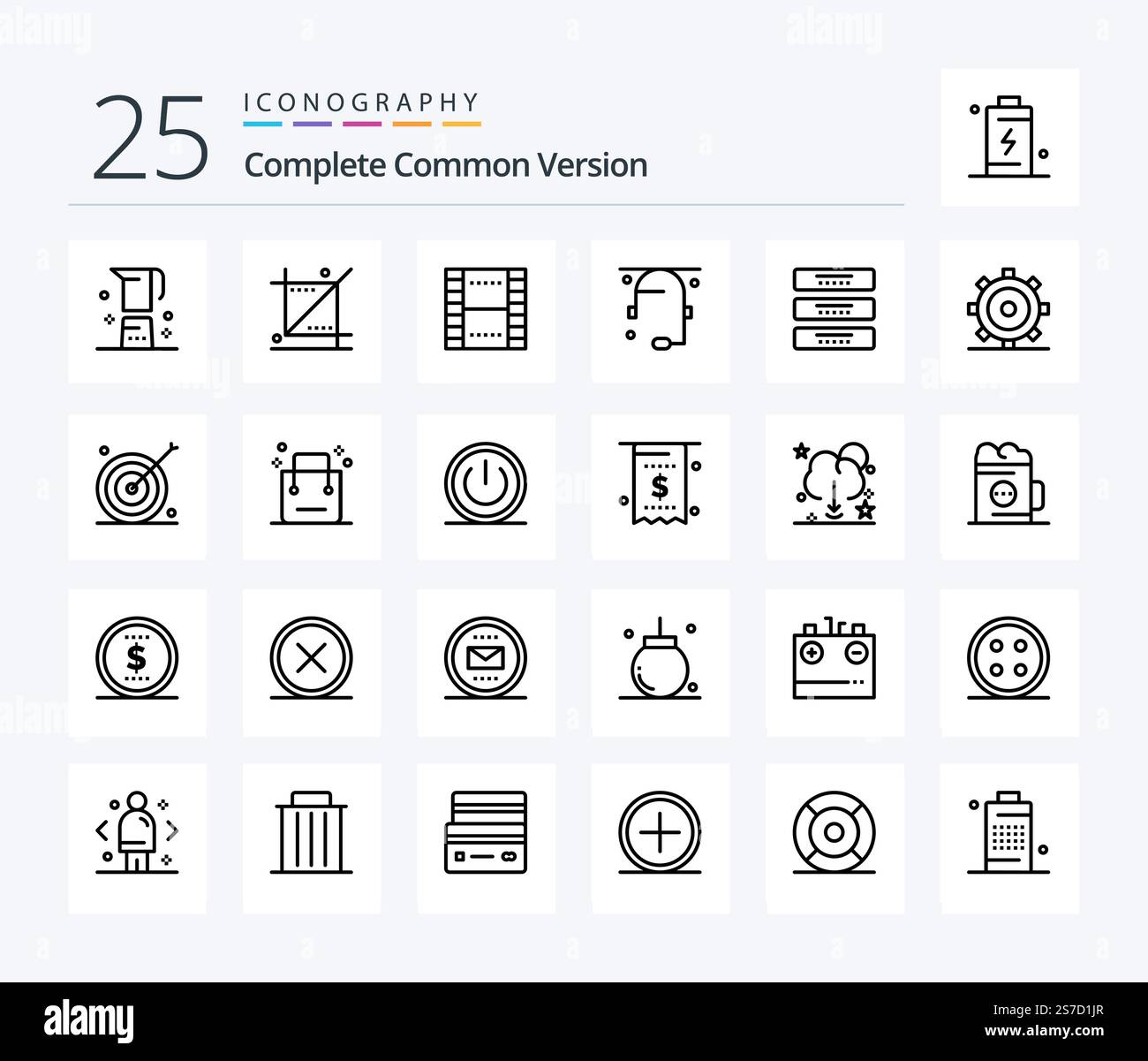 Complete Common Version 25 Line icon pack including help. communication. tool. ux. film Stock Vector