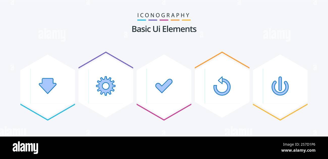 Basic Ui Elements 25 Blue icon pack including power. off. tick. button. rotate Stock Vector
