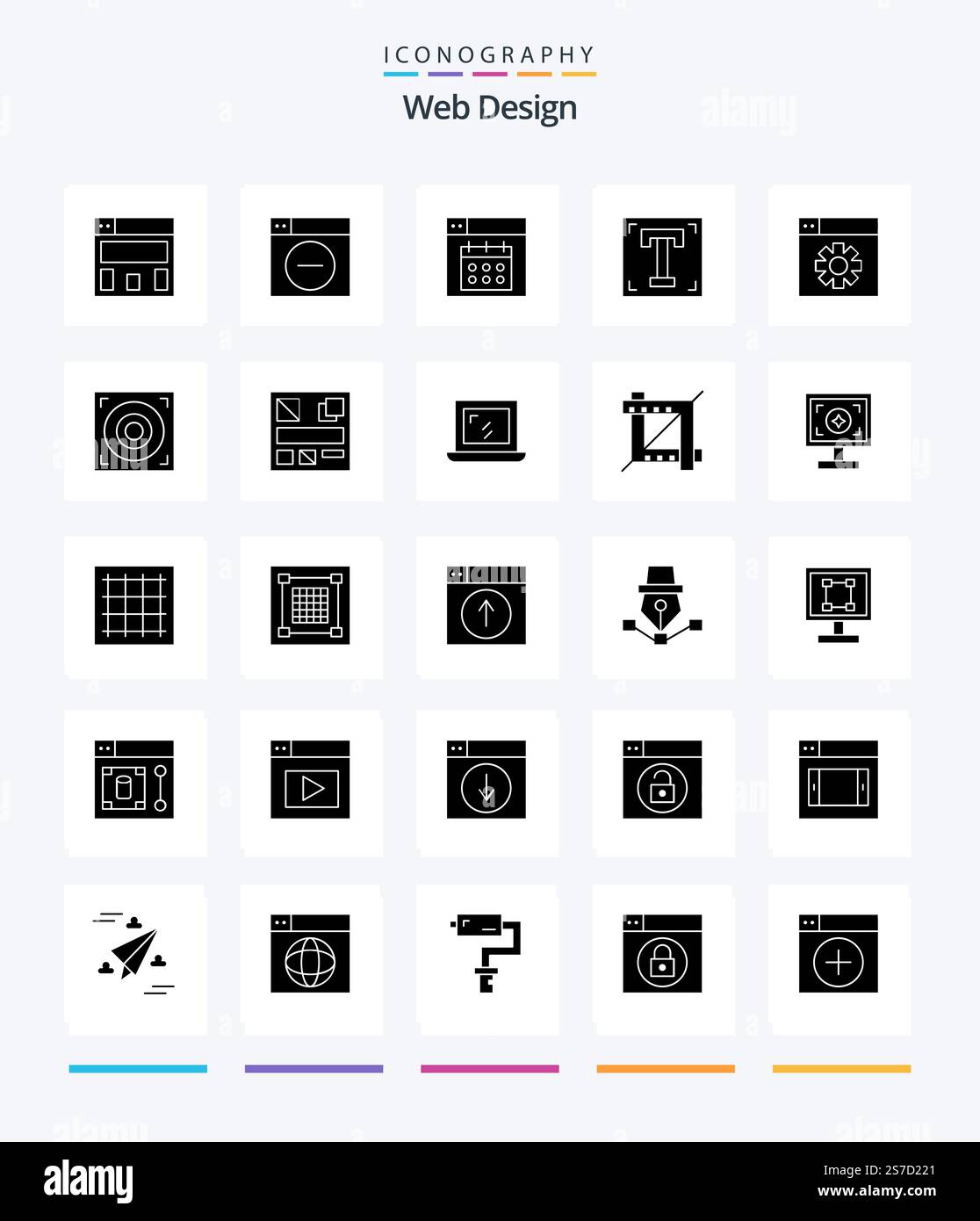 Creative Web Design 25 Glyph Solid Black icon pack  Such As setting. web. calendar. text. path Stock Vector