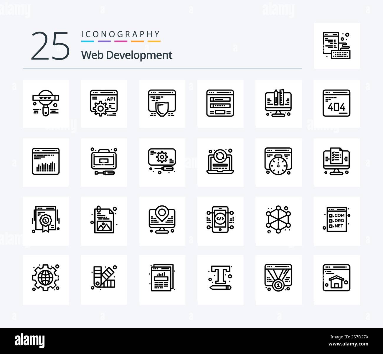 Web Development 25 Line icon pack including development. web. seo. sitemap. form Stock Vector