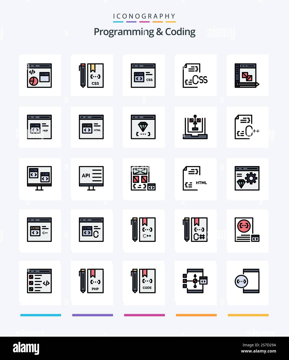 Creative Programming And Coding 25 Line FIlled icon pack  Such As development. coding. develop. file. develop Stock Vector