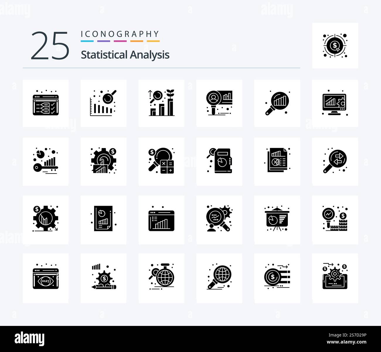 Statistical Analysis 25 Solid Glyph icon pack including search stats. graph analysis. graph. data analyzing. market Stock Vector
