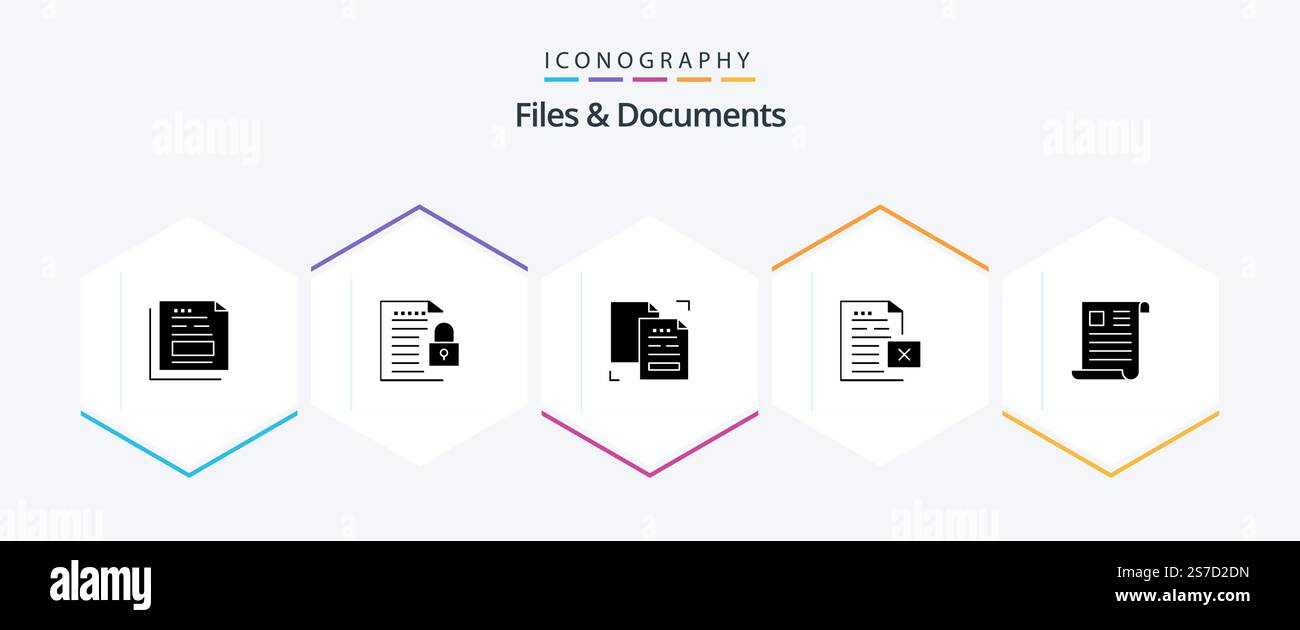 Files And Documents 25 Glyph icon pack including document. data. padlock. duplicate. data Stock Vector