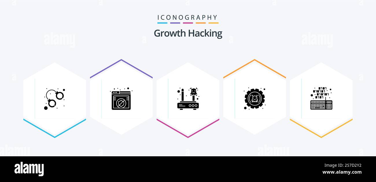 Hacking 25 Glyph icon pack including settings. error. error. defect. router Stock Vector