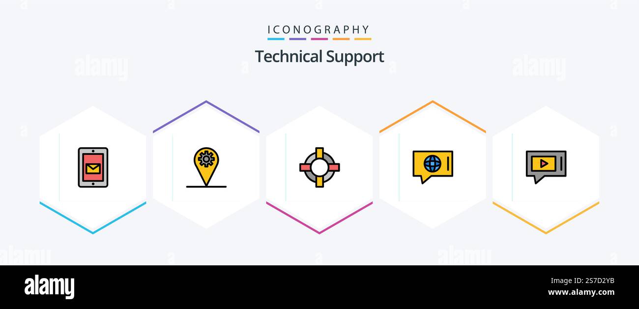 Technical Support 25 FilledLine icon pack including video. chat. help. service. world Stock Vector