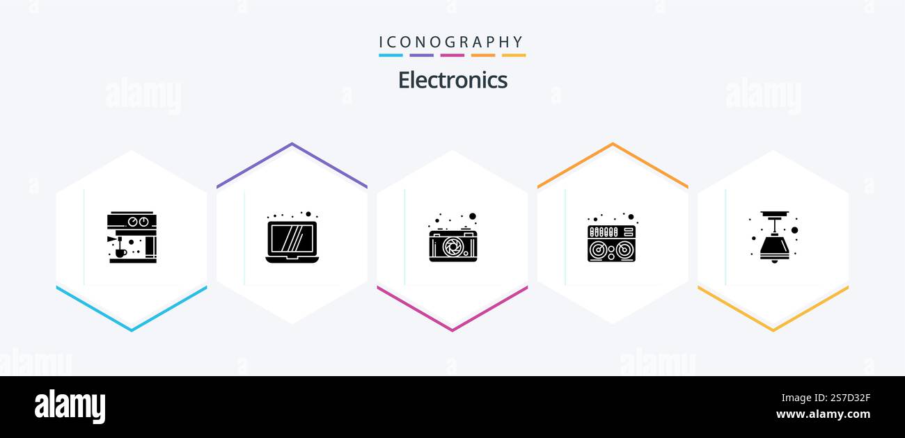 Electronics 25 Glyph icon pack including . light bulb. lense. light. music Stock Vector