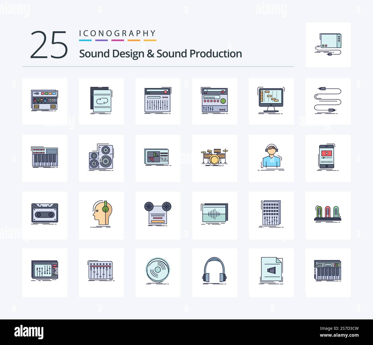 Sound Design And Sound Production 25 Line Filled icon pack including ...