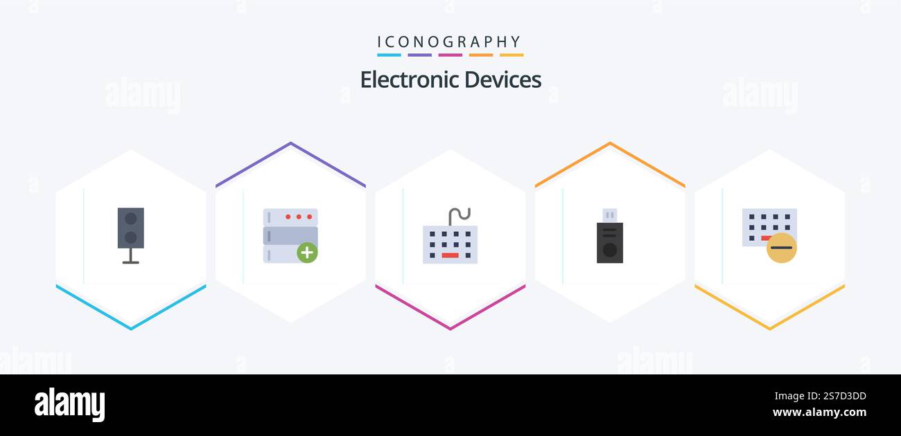 Devices 25 Flat icon pack including devices. usb. computer. flash drive. keyboard Stock Vector