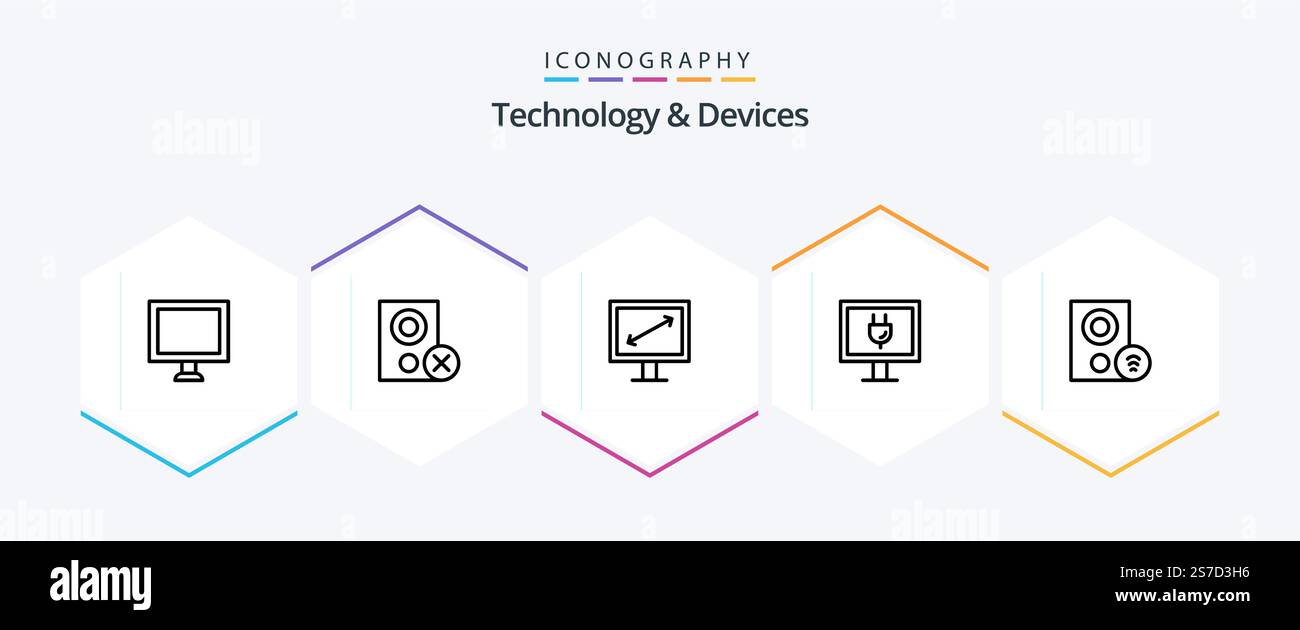 Devices 25 Line icon pack including hardware. devices. diagonal. computers. internet Stock Vector