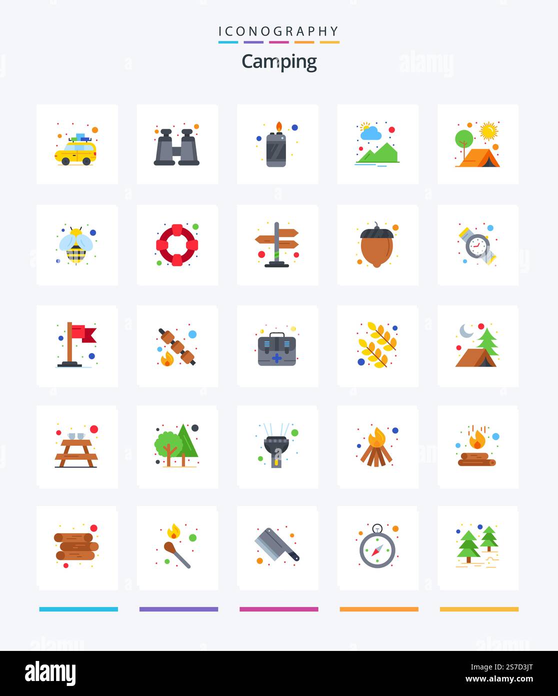 Creative Camping 25 Flat icon pack  Such As outdoors. camping. flame. camp. sun Stock Vector