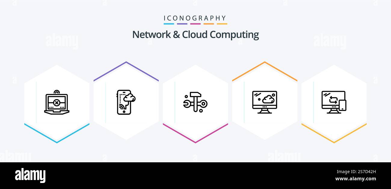 Network And Cloud Computing 25 Line icon pack including transfer. mobile. databases. computing. monitor Stock Vector
