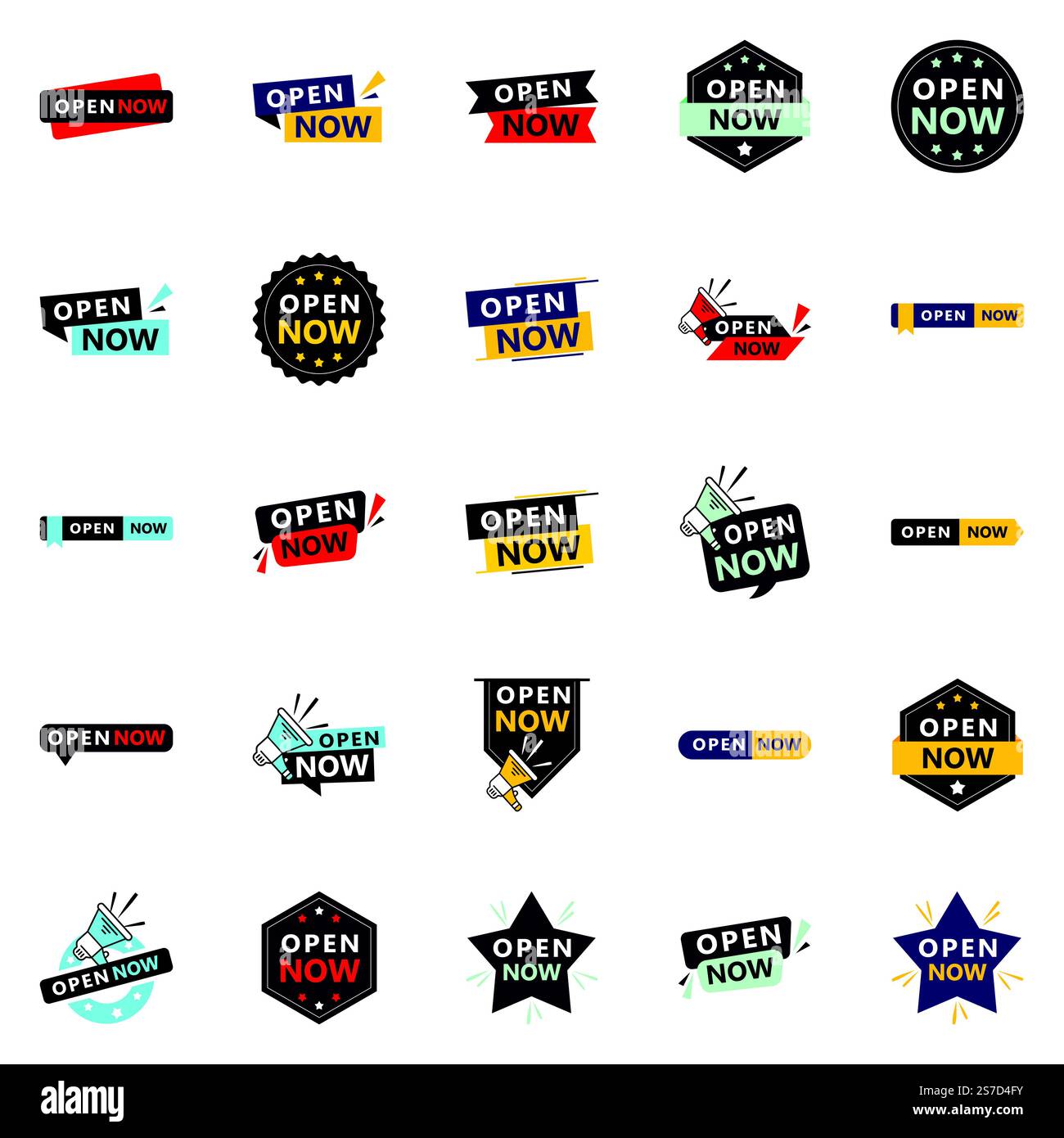 Open now graphics pack 25 fully editable designs included Stock Vector
