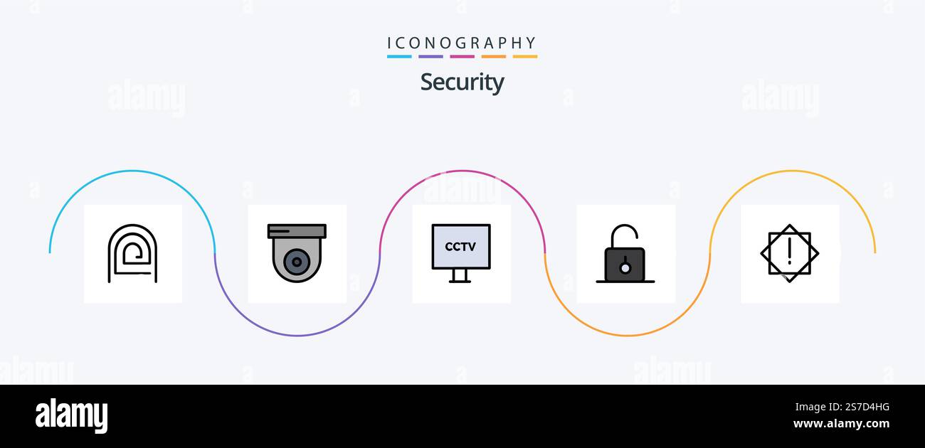 Security Line Filled Flat 5 Icon Pack Including unlock. safety. camera. padlock. video Stock Vector