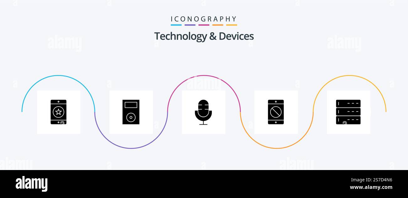 Devices Glyph 5 Icon Pack Including devices. cellphone. products. record. microphone Stock Vector