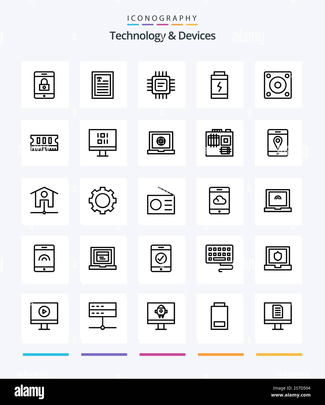 Creative Devices 25 OutLine icon pack  Such As hardware. hard disk. devices. gadgets. power Stock Vector