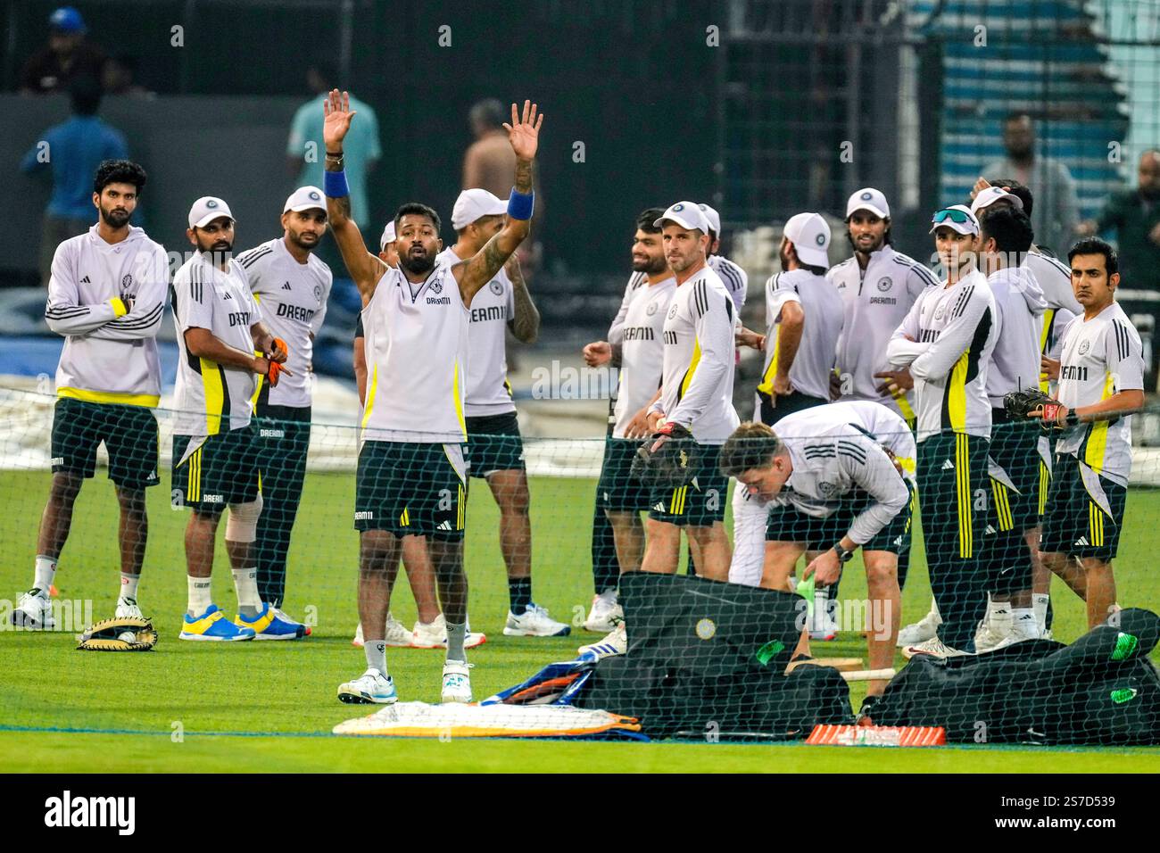 India's Hardik Pandya gestures during the practice session ahead of