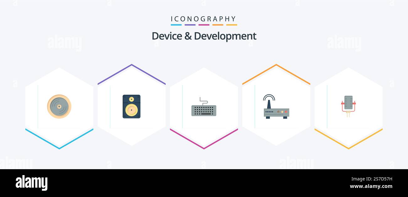Device And Development 25 Flat icon pack including multimedia. education. key. signal. device Stock Vector