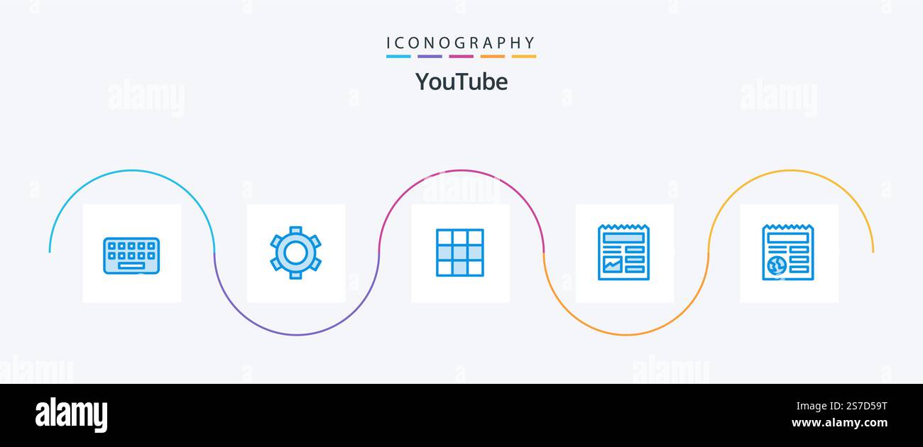Youtube Blue 5 Icon Pack Including globe. basic. menu. picture. basic Stock Vector