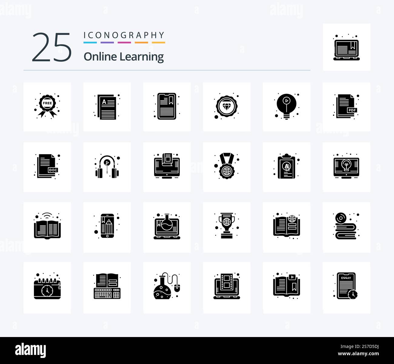 Online Learning 25 Solid Glyph icon pack including elearning. badge. attention. study. diamond Stock Vector