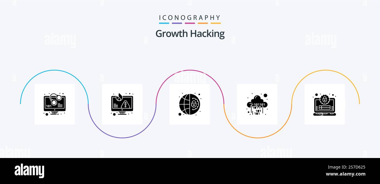 Hacking Glyph 5 Icon Pack Including digital. cloud. storage. binary. security Stock Vector
