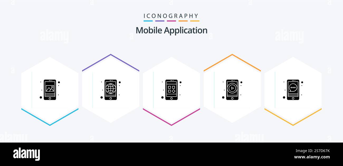 Mobile Application 25 Glyph icon pack including bubble. app. video streaming. video app Stock Vector