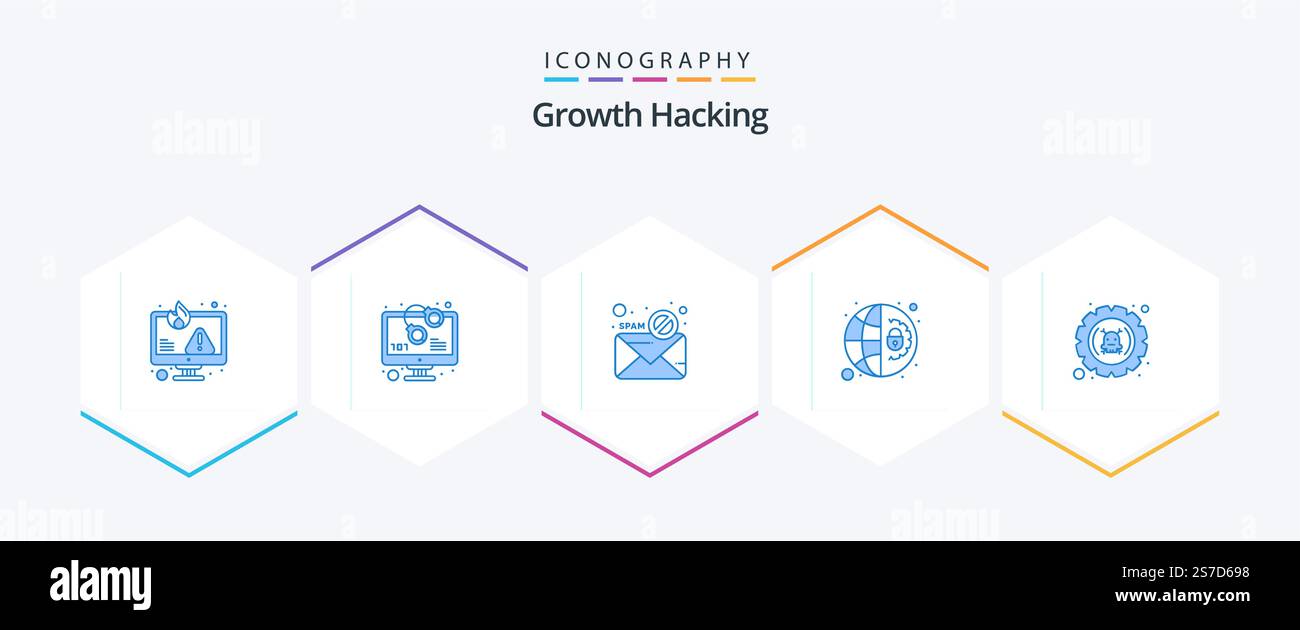 Hacking 25 Blue icon pack including security. global. warn. ban. spam Stock Vector