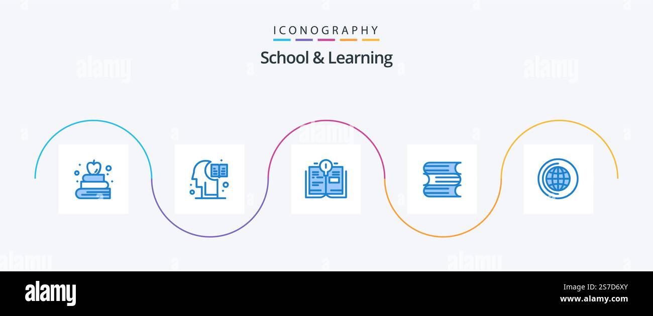 School And Learning Blue 5 Icon Pack Including . cd. education. world. files Stock Vector