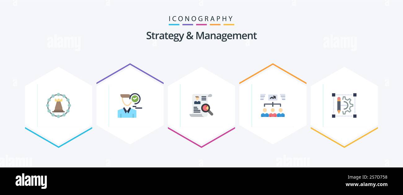 Strategy And Management 25 Flat icon pack including project. team. user. search. cv Stock Vector