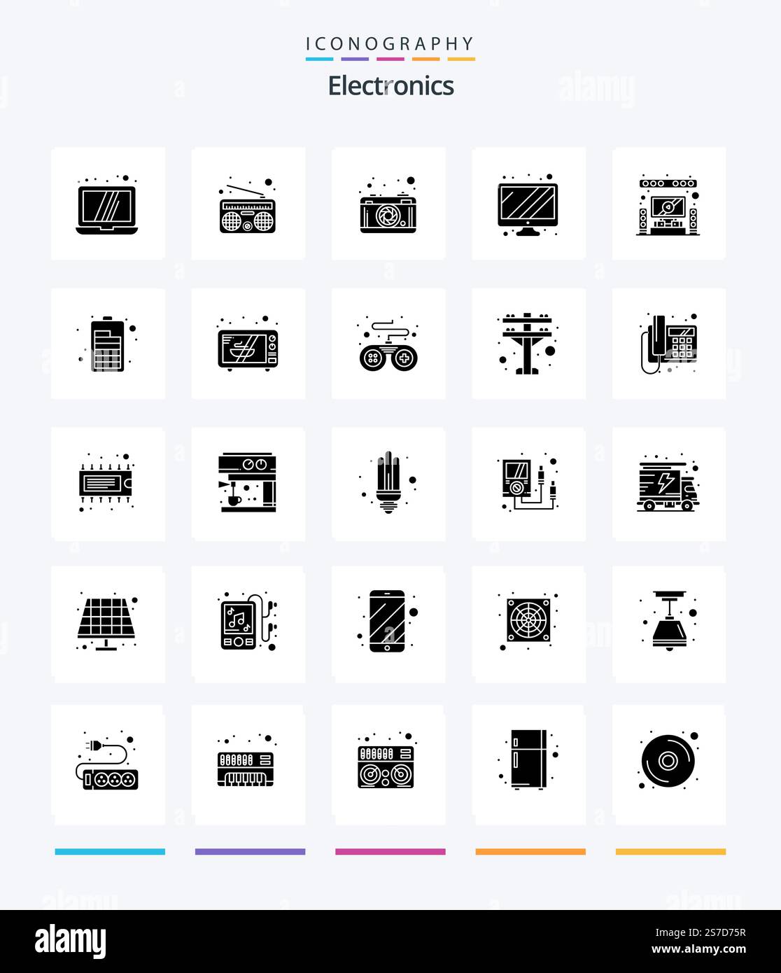 Creative Electronics 25 Glyph Solid Black icon pack  Such As battery. system. lense. home. device Stock Vector