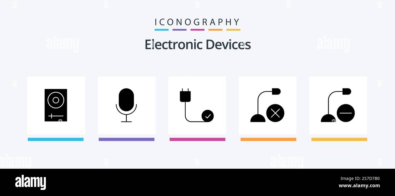 Devices Glyph 5 Icon Pack Including microphone. gadget. computers. devices. hardware. Creative Icons Design Stock Vector