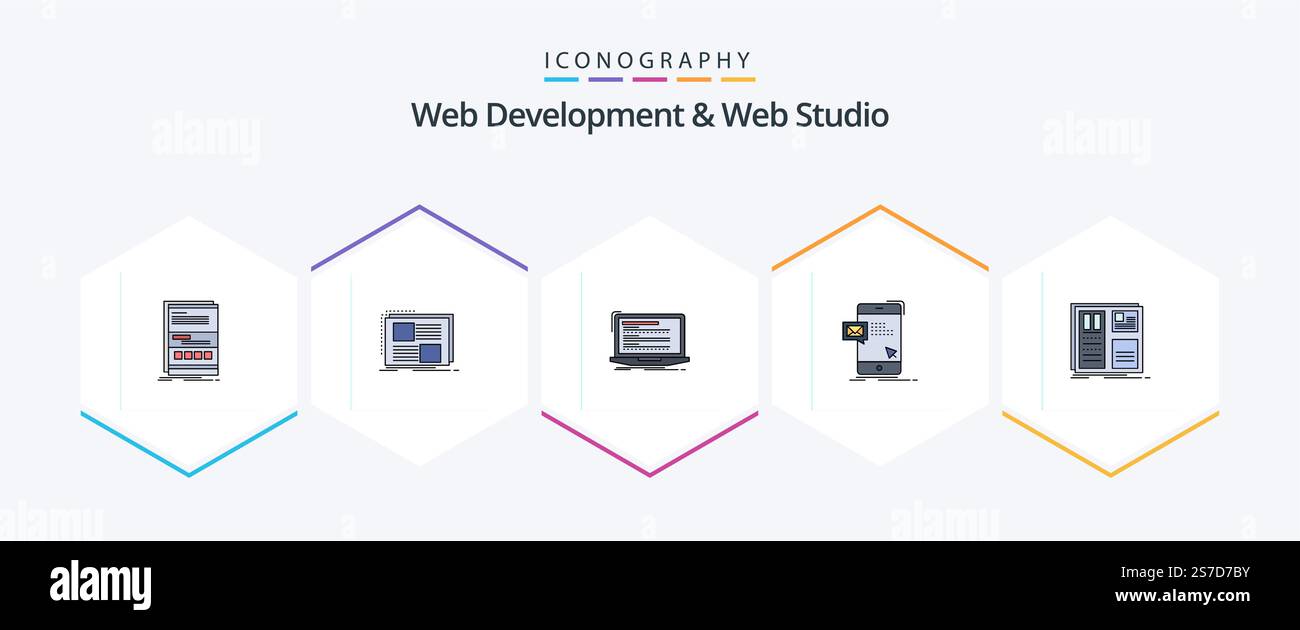 Web Development And Web Studio 25 FilledLine icon pack including dialog. script. page. monoblock. coding Stock Vector