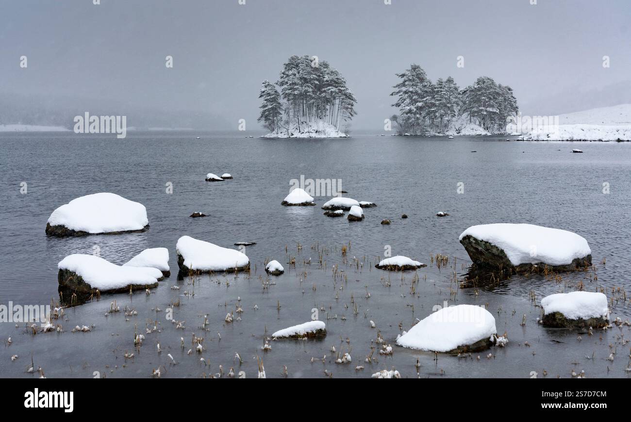 Winter snow covered landscape at Loch Ossian, Scottish Highlands, Scotland, UK Stock Photo