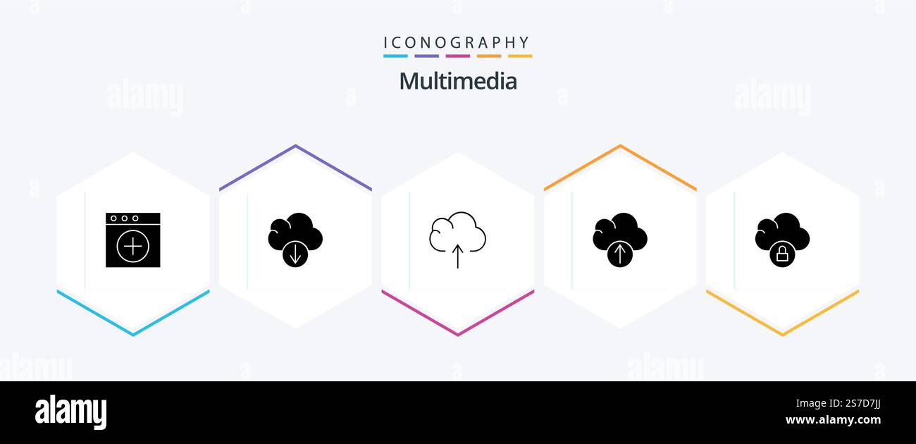 Multimedia 25 Glyph icon pack including . upload. Stock Vector