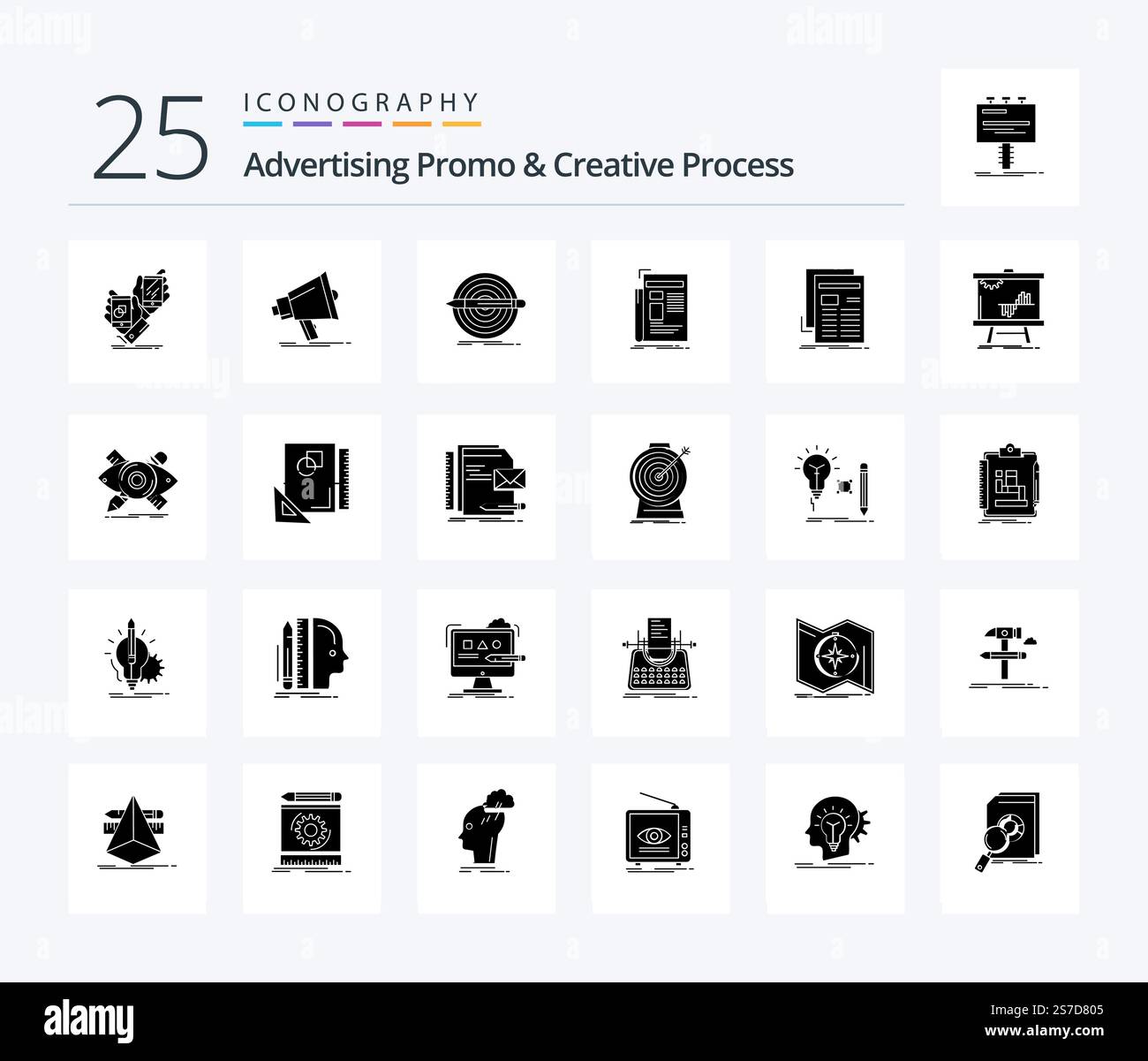 Advertising Promo And Creative Process 25 Solid Glyph icon pack including news. gazette. media. target. pencil Stock Vector