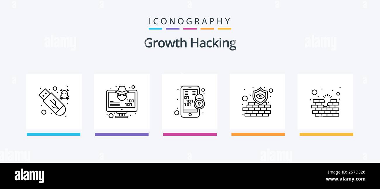 Hacking Line 5 Icon Pack Including virus. network. email. database. virus. Creative Icons Design Stock Vector