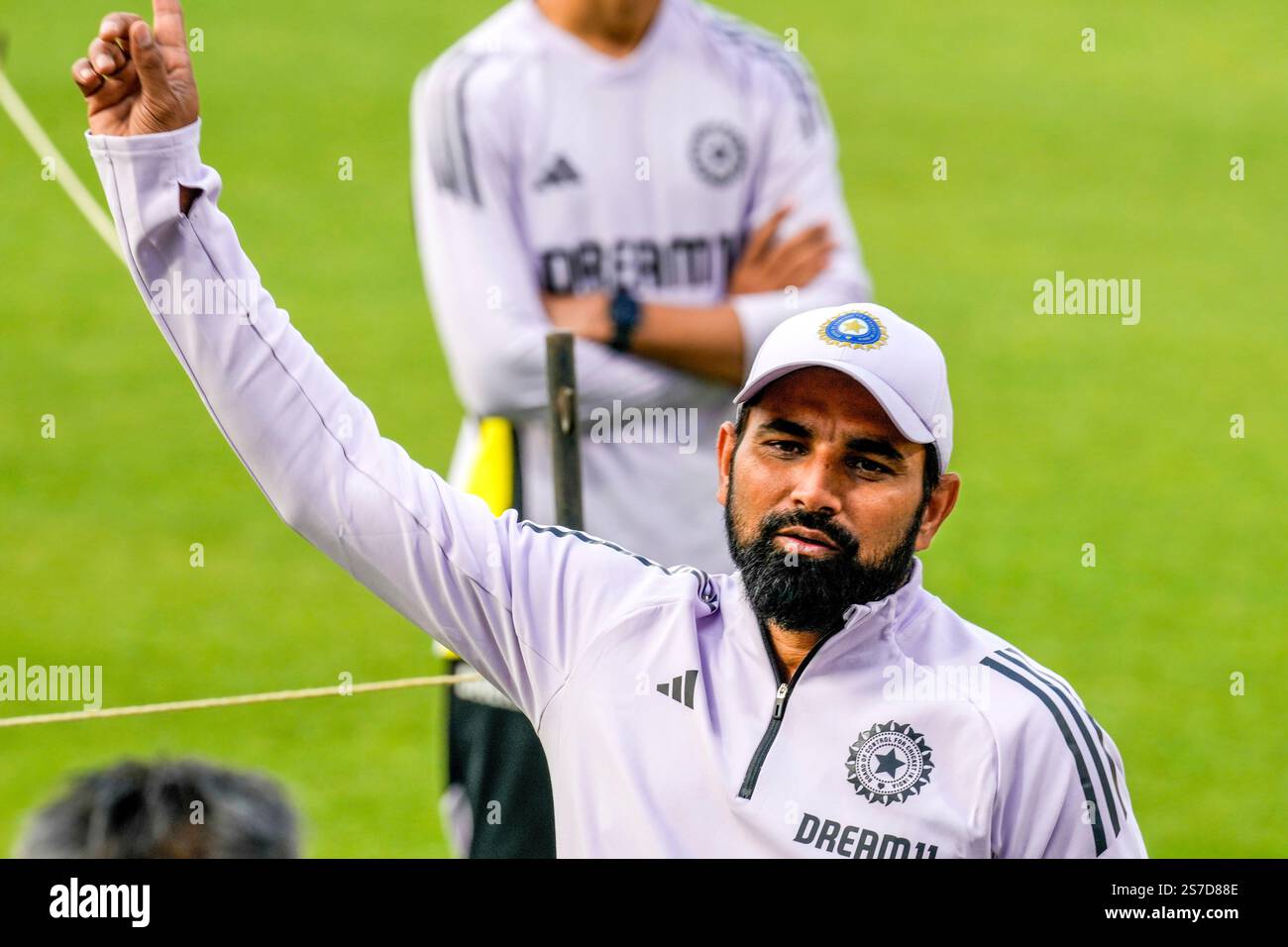 India's Mohammed Shami gestures during the practice session ahead of