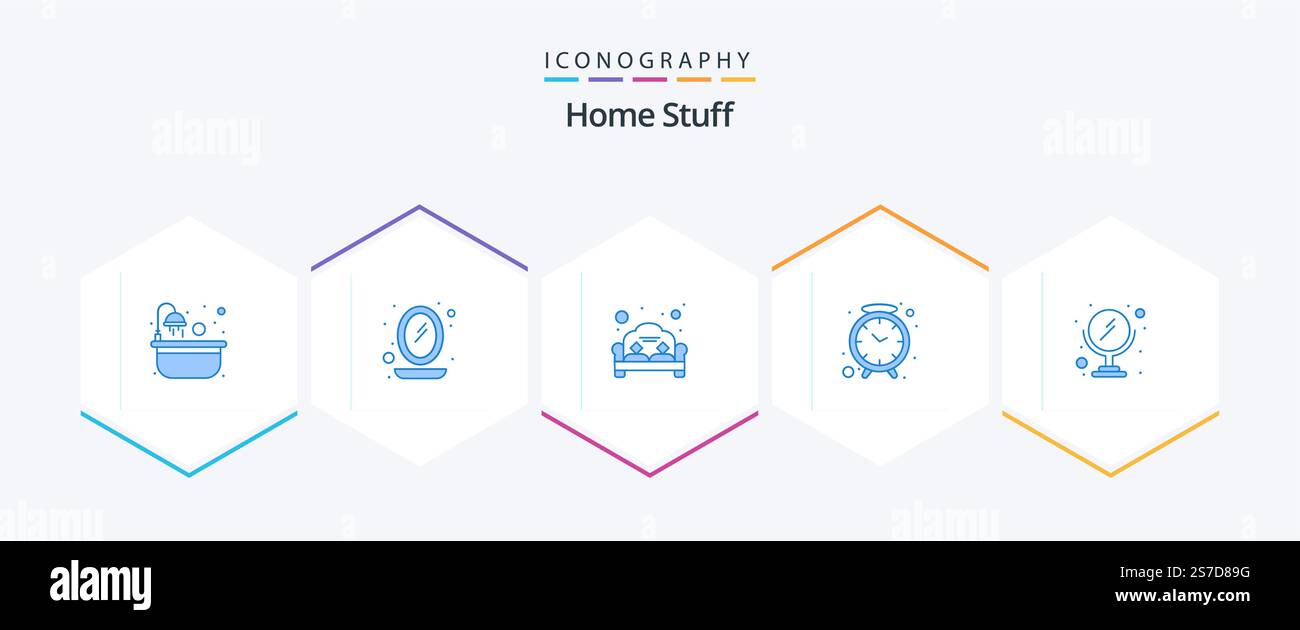 Home Stuff 25 Blue icon pack including makeup. couch. watch. clock Stock Vector
